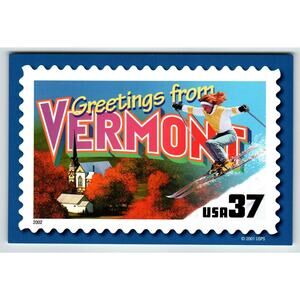 Greetings From Vermont Large Letter Chrome Postcard USPS 2001 Downhill Skiing